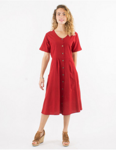 Fitted mid-length dress with metallic buttons in plain rust-colored cotton