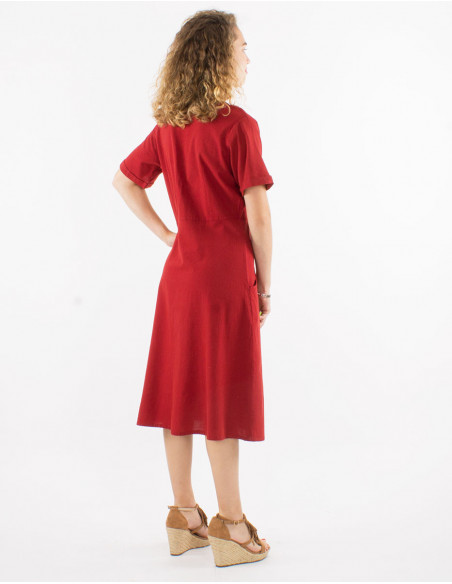 Robe midi sexy en coton rouille coupe cintrée avec boutons pour femme