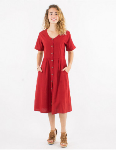 Robe midi à manches courtes pour le printemps en 100% coton rouille