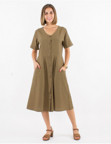 Slim-fitting mid-length dress with metal buttons in plain sand cotton