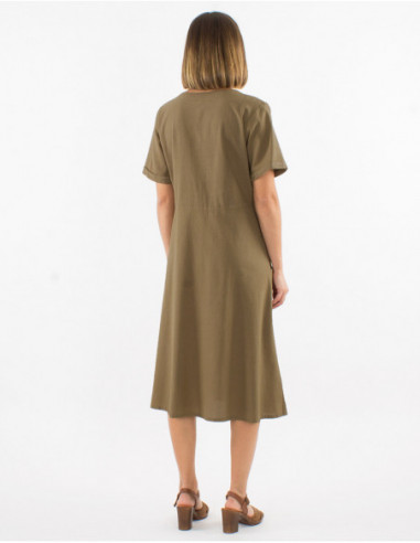 Robe midi sexy en coton beige sable coupe cintrée avec boutons pour femme