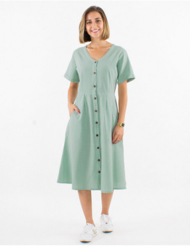 Slim-fitting mid-length dress with metallic buttons in plain water green cotton