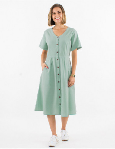 Robe mi longue cintrée à boutons métalliques en coton uni vert d'eau