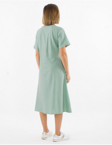 Sexy green light cotton midi dress with buttons for women