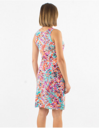 Short stretch dress for summer with sexy V-neck bohemian pattern white