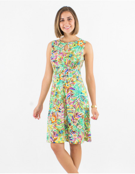 Short skater dress in flowing fabric for summer with anise green foliage print