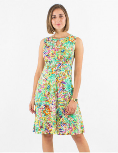 Short sleeveless skater dress for women boho chic leafy green anise