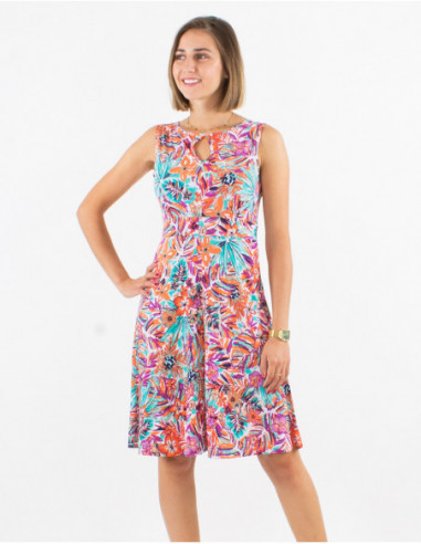 Short skater dress in flowing fabric for summer with white foliage print