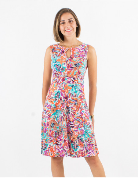 Short sleeveless skater dress for women boho chic leafy white