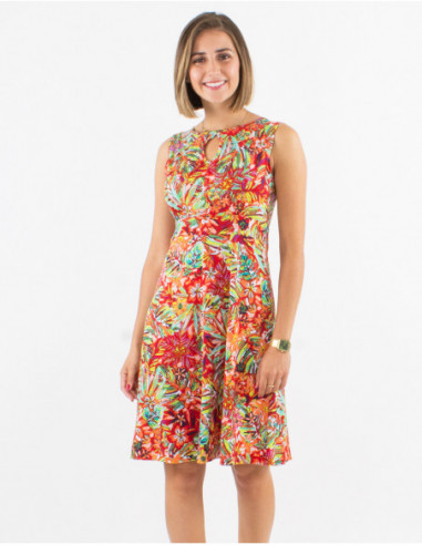 Short skater dress in flowing fabric for summer with red foliage print