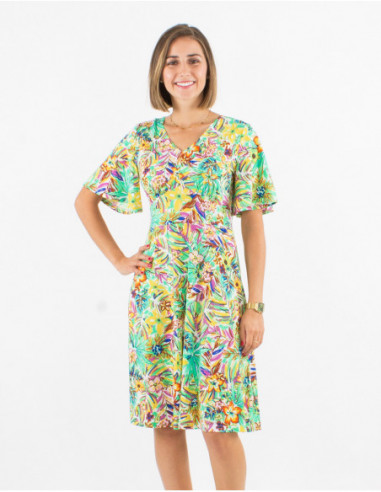 Short flowing flared dress with bohemian chic green leaves print