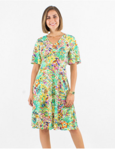 Lightweight mid-length summer dress for women with original green leaf pattern