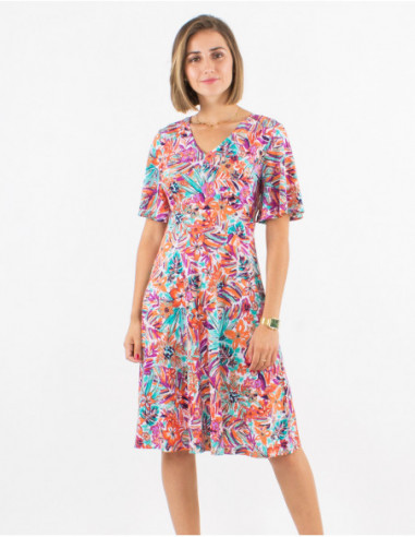 Short flowing flared dress with bohemian chic white leaves print