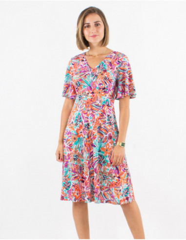 Short summer skater dress with ruffled sleeves and boho foliage patterns