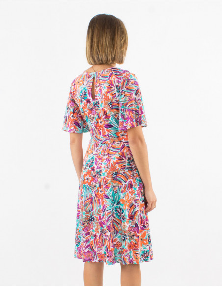 Short summer skater dress with ruffled sleeves and white boho foliage patterns