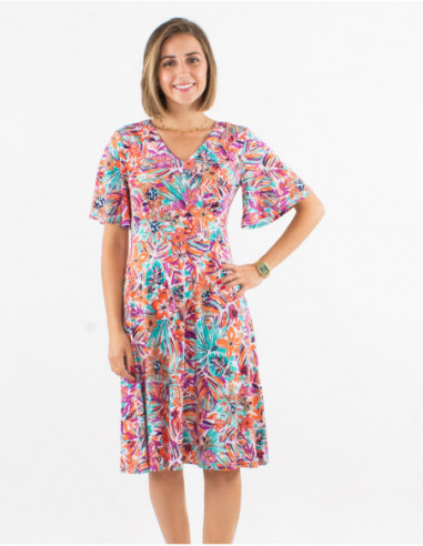 Lightweight mid-length summer dress for women with original white leaf pattern