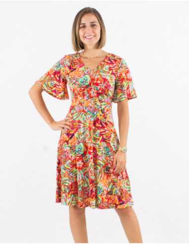 Short flowing flared dress with bohemian chic red leaves print