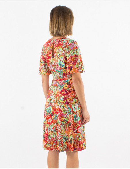 Short summer skater dress with ruffled sleeves and red boho foliage patterns