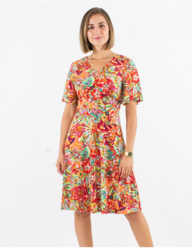 Lightweight mid-length summer dress for women with original red leaf pattern