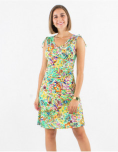 Robe courte droite sexy pour l'été avec liens épaules et motifs feuilles originales 2