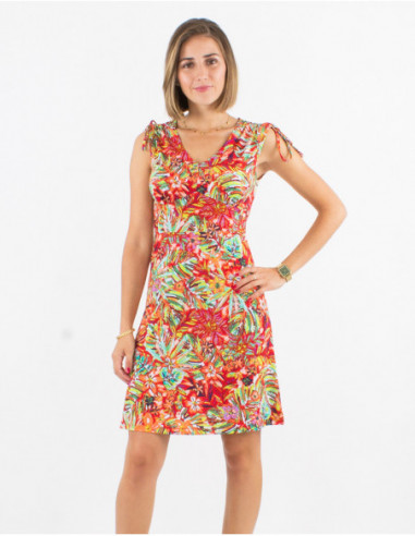 Short stretch summer dress with ties on the shoulders and original foliage print