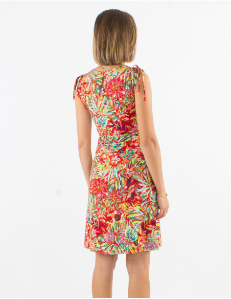 Short stretch summer dress with ties on the shoulders and red foliage print