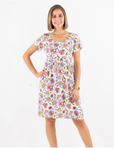 Comfortable and original mid-length dress with white baba cool flowers print