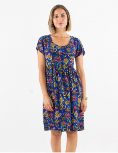 Comfortable and original mid-length dress with navy blue baba cool flowers print