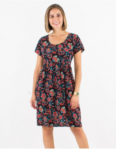 Comfortable and original mid-length dress with black baba cool flowers print