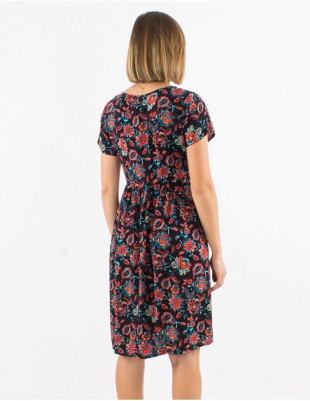 Bohemian chic knee length dress for summer with small black flowers