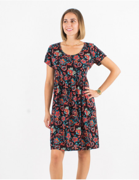 Robe mi longue originale estivale à fleurs baba cool noires