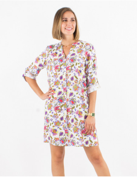 3/4 sleeves short dress with front buttons and floral patterns