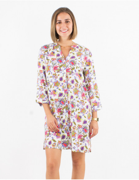 Robe courte à boutons fluide et légère pour l'été fleurie blanche