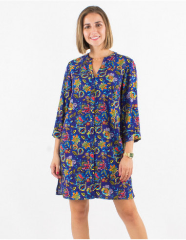 Robe courte droite à manches 3/4 avec boutons et motifs fleurs baba cool bleu marine