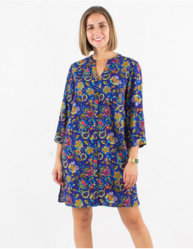 3/4 sleeves short straight dress with buttons and navy blue baba cool flowers