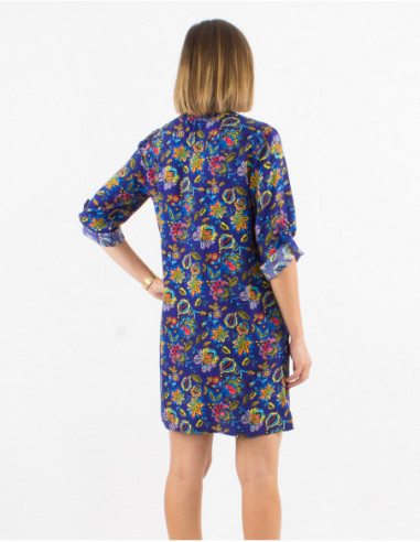 Robe courte manches 3/4 avec boutons avant et motifs fleuris bleu marine