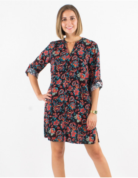 3/4 sleeves short straight dress with buttons and black baba cool flowers