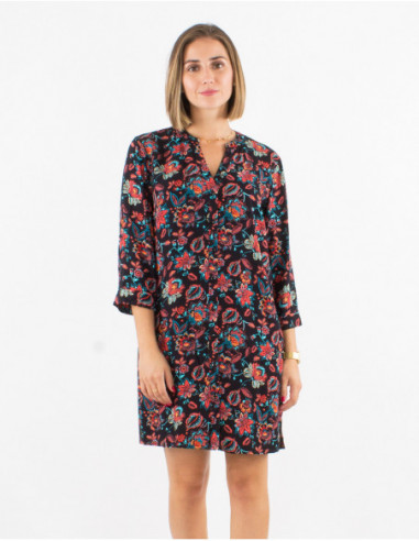 Robe courte à boutons fluide et légère pour l'été fleurie noire