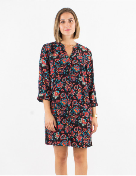 Short dress with buttons fluid and light for the summer black flowered