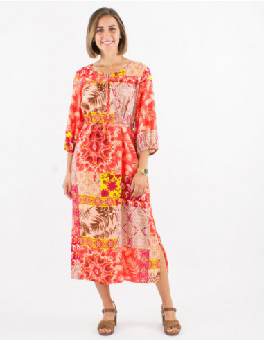 Robe midi à manches 3/4 féminine motifs patchwork baba cool rose corail