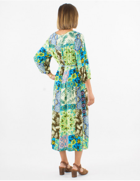 Robe mi mollet originale printemps 2023 à motifs baba cool feuilles bleu émeraude