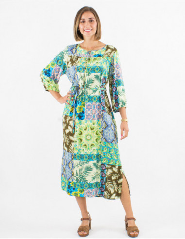 Robe midi féminine originale à imprimé patchwork baba cool bleu émeraude