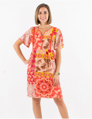 Robe courte originale estivale patchwork baba cool rose corail