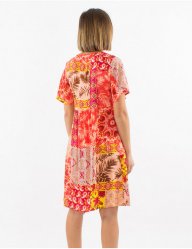 Baba cool summer mid-length dress with coral pink patchwork pattern