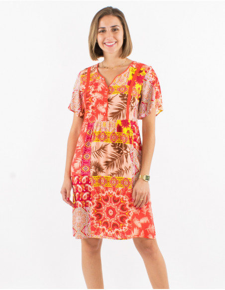 Lightweight flowing mid-length dress for summer 2023 baba cool leaf pattern coral pink