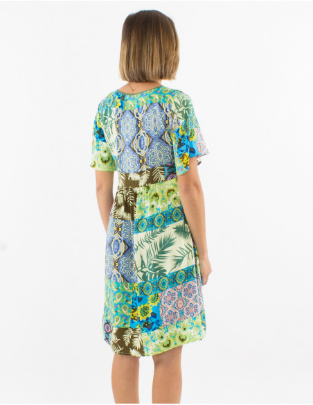Baba cool summer mid-length dress with emerald blue patchwork pattern