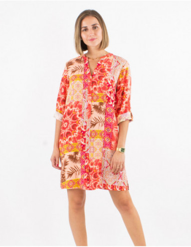 Short shirt dress straight cut original patchwork pattern coral pink