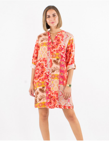 Robe chemise courte coupe droite motif original patchwork rose corail