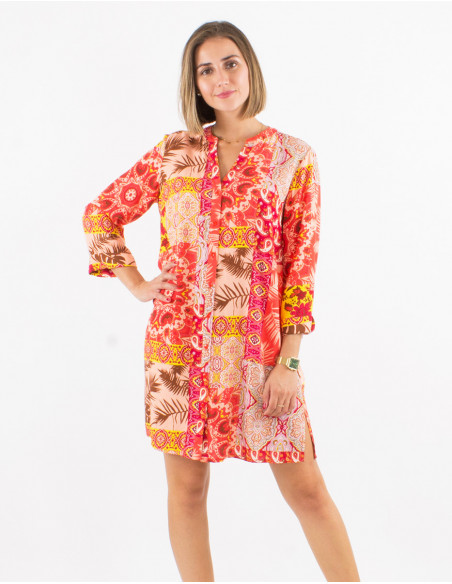 Short dress with buttons and 3/4 sleeves printed patchwork baba cool coral pink
