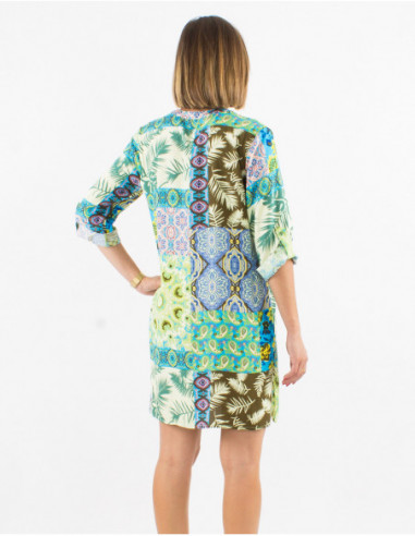 Robe courte droite à boutons imprimé patchwork feuilles bleu émeraude